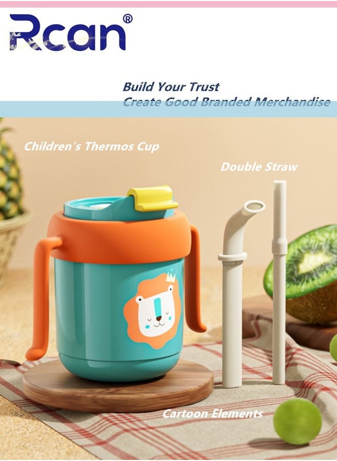 Rcan - Children's Cartoon Thermos Cup Multi Functional Double Layer Insulated Water Bottle Anti Fall Wear Resistant 316 Stainless Steel Double Straw Milk Cup Sealed Leak Proof Suitable for Babies Kids 300ml - Image 1