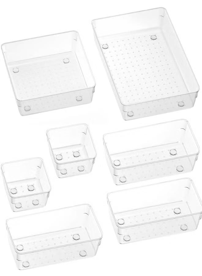 مجموعة منظم للأدراج البلاستيكية الشفافة من ٧ قطع، سبعة أحجام متعددة من أدراج الحمام وطاولة التزيين، صناديق تخزين للمكياج، والمجوهرات، وأواني المطبخ والمكاتب - Image 5