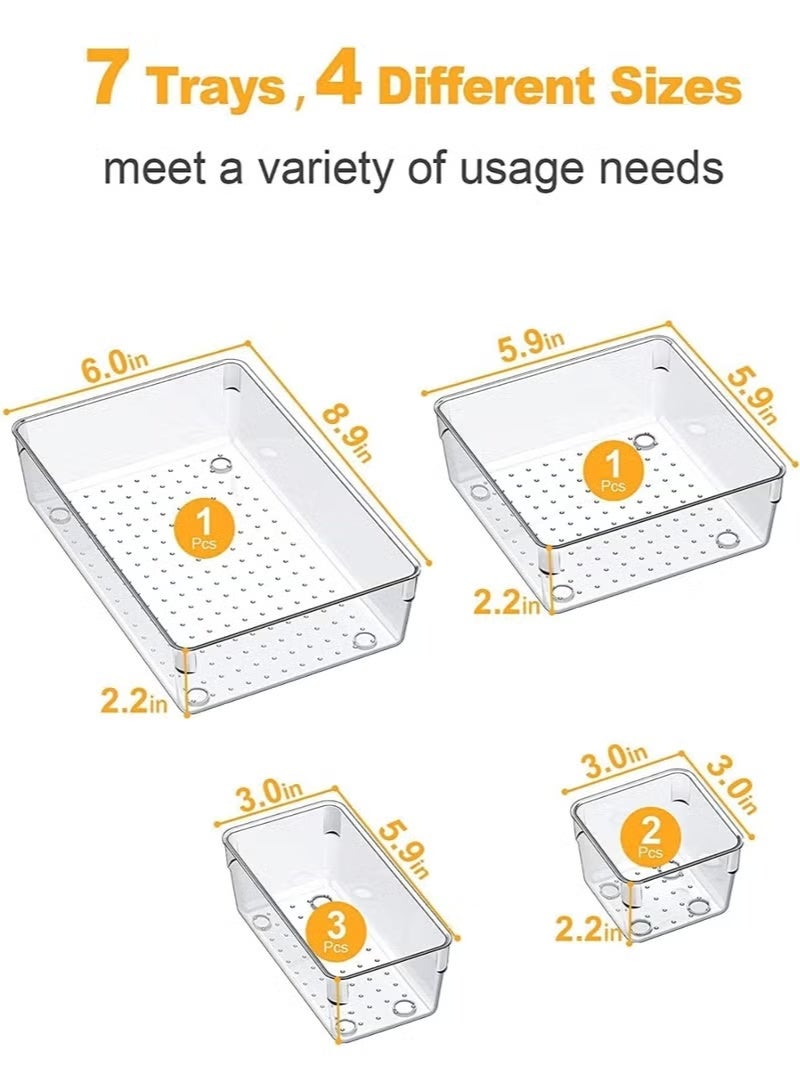 مجموعة منظم للأدراج البلاستيكية الشفافة من ٧ قطع، سبعة أحجام متعددة من أدراج الحمام وطاولة التزيين، صناديق تخزين للمكياج، والمجوهرات، وأواني المطبخ والمكاتب - Image 4