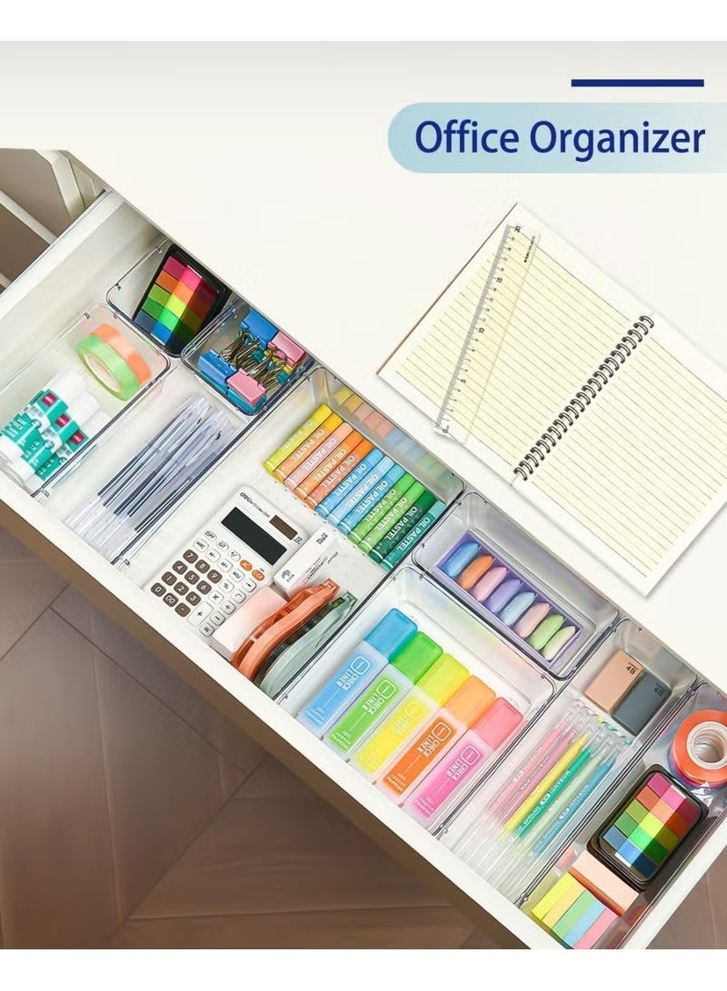 مجموعة منظم للأدراج البلاستيكية الشفافة من ٧ قطع، سبعة أحجام متعددة من أدراج الحمام وطاولة التزيين، صناديق تخزين للمكياج، والمجوهرات، وأواني المطبخ والمكاتب - Image 2