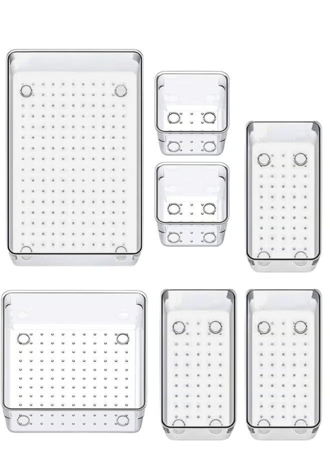 مجموعة منظم للأدراج البلاستيكية الشفافة من ٧ قطع، سبعة أحجام متعددة من أدراج الحمام وطاولة التزيين، صناديق تخزين للمكياج، والمجوهرات، وأواني المطبخ والمكاتب - Image 1