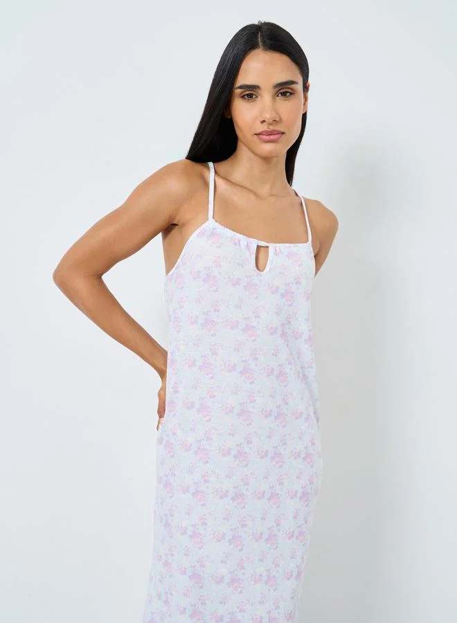 Styli Styli Ditsy Print Front Gathered Keyhole Slip Dress