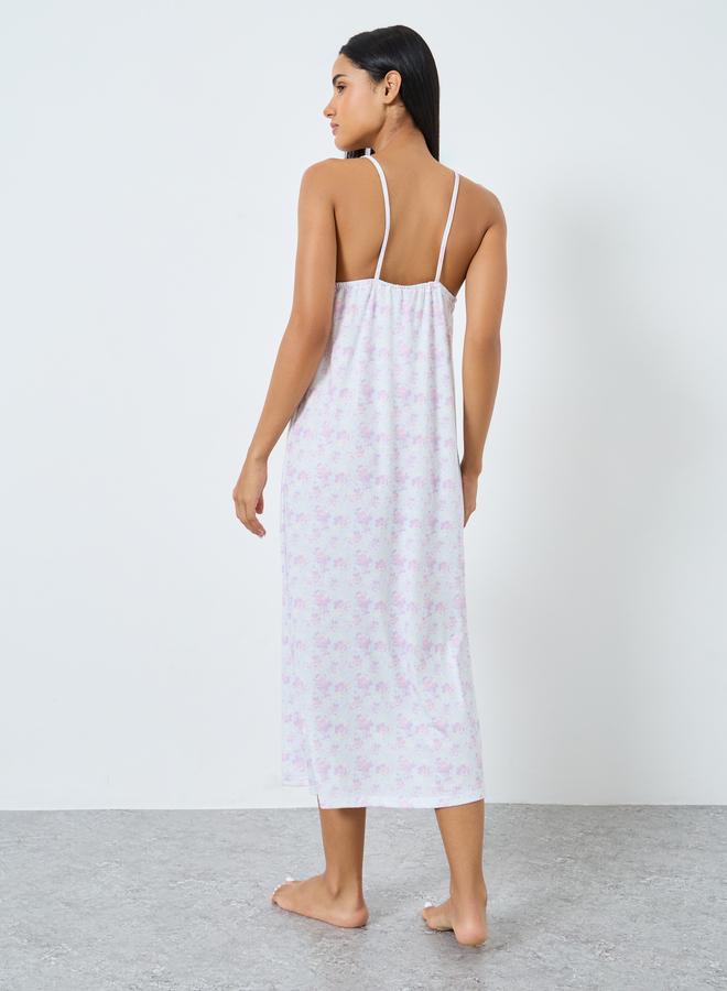 Styli Ditsy Print Front Gathered Keyhole Slip Dress - Image 4