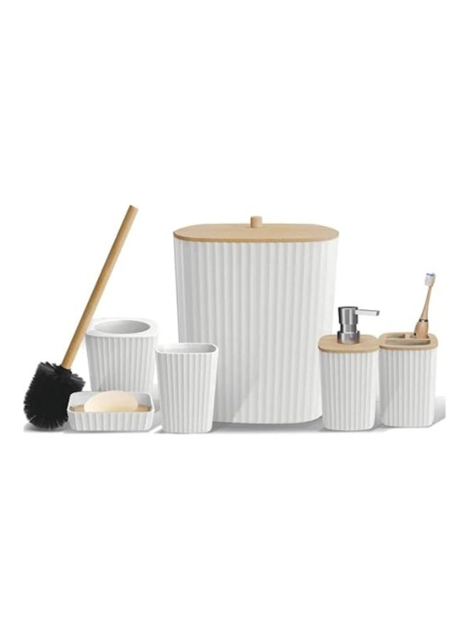 Bathroom Accessories Set, 6 Pieces, Toilet Brush, Soap Dispenser, Toothbrush Holder, Cup, Soap Dish, Trash Can (White S) - Image 1
