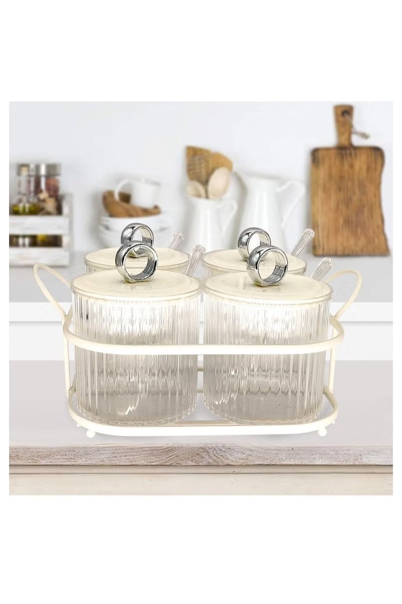 Seasoning Box 4 Piece Clear Acrylic Condiment Spice Jars Condiment Pot With Spoons Lids and Iron Tray Salt Container Sugar Bowl Clear Canisters for Kitchen Home Salt Paprika Sugar