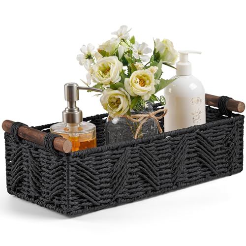 STOBSK Bathroom Baskets for Organizing with Handle Decorative Basket for Bathroom Countertop Storage Toilet Paper Storage Basket for Toilet Tank Top Small Baskets Set,Black - Image 1