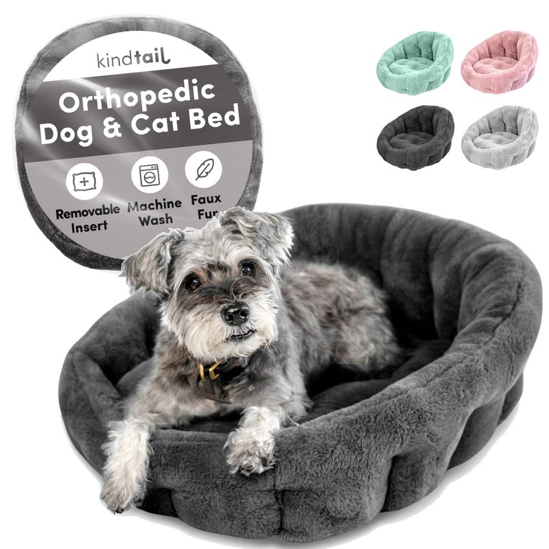 KindTail Small Orthopedic Dog and Cat Bed - Faux Fur Luxury Cuddler for Pets Under 15 lbs, Comfortable Waterproof Material with Nylon Base - 20" x 14" x 10" (Light Grey, Small) - Image 1