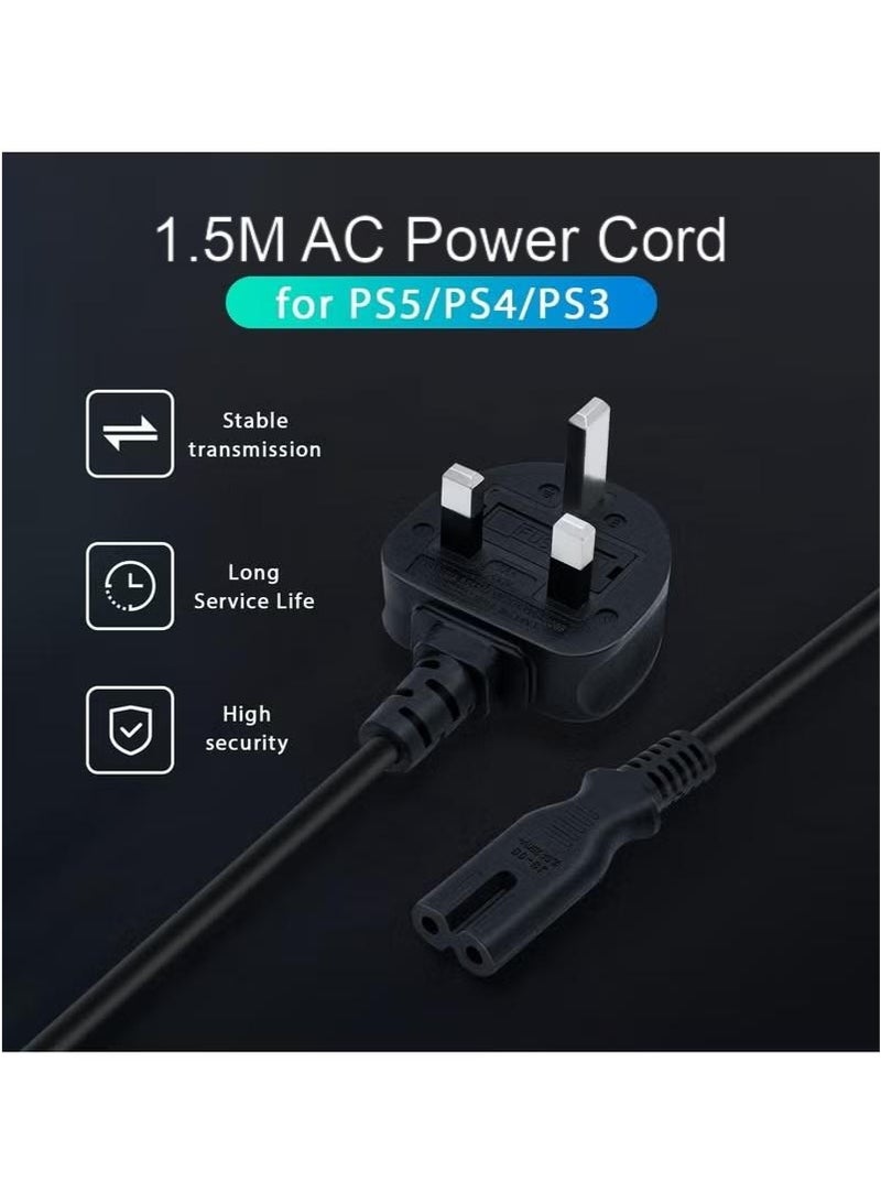 2-Prong AC Power Cord Cable 1.5M – UK Plug with Fuse, Compatible with Samsung, LG, TCL, Sony TVs, HP Printers, PlayStation PS3/PS4/PS5, Laptops and More