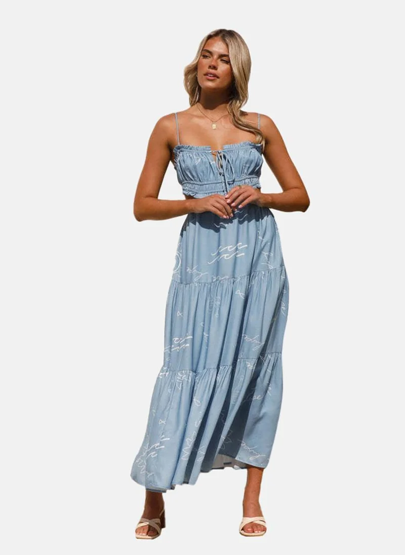 YUNIQEE Blue Shoulder Strap Tie-up Neck Printed Fit & Flared Dress