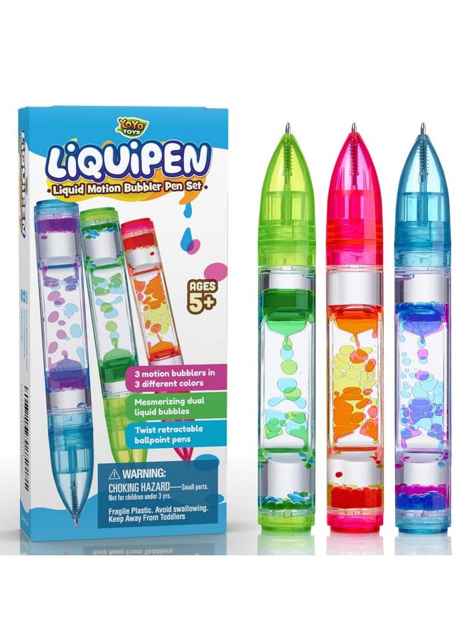 YoYa Toys Yoya Liquipen - Liquid Motion Bubbler Pens Toy (3 Pack) - Writes Like A Regular Pen - Colorful Timer Pens Great For Stress And Anxiety Relief - Cool Fidget Toys For Kids And Adults  - Image 1