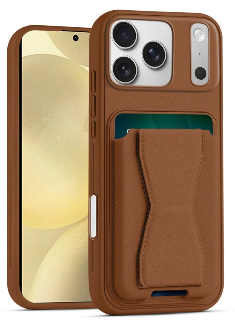 غطاء خلفي من الجلد مع محفظة بطاقات، جراب قابل للطي ومقاوم للصدمات متوافق مع آيفون 17 برو ماكس (بني)