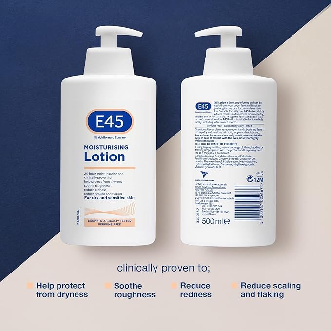 E45 Moisturising Lotion 500 ml for Dry Sensitive Skin LongLasting Hydration Protect from Dryness Reduce Redness Dermatological Body Moisturiser Lotion Body Lotion Daily Moisturiser - Image 2