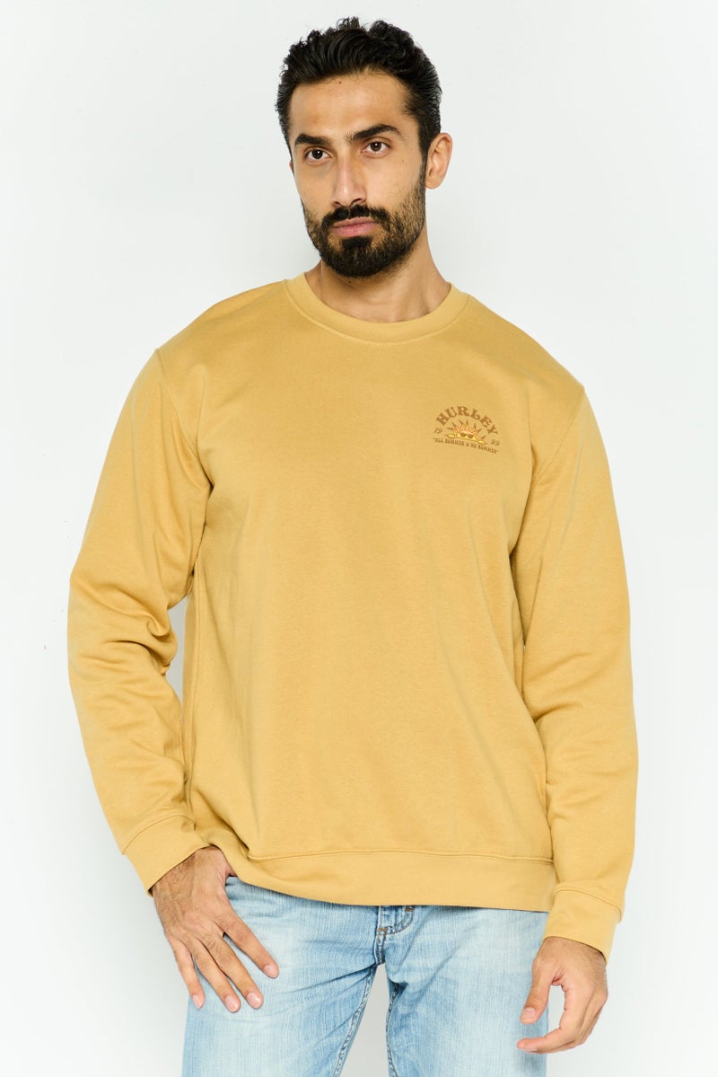 Hurley Men Crew Neck Long Sleeve Brand Logo Sweatshirts, Light Brown  - Image 1