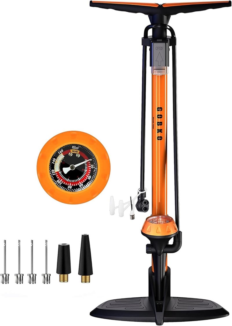 GOBKO Bike Pump with Gauge,Bicycle Floor Pump for Presta and Schrader Valves Bike Tire Pumps Inflator High Pressure 160PSI & 11BAR Portable Air Pump for Road Bike Car MTB Sports Balls - Image 1
