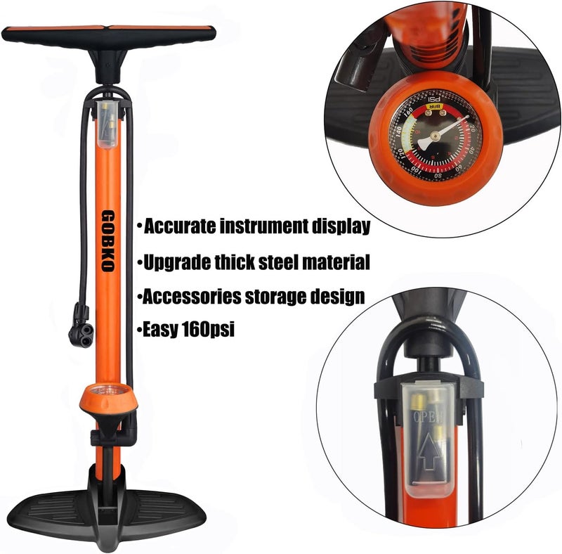 GOBKO Bike Pump with Gauge,Bicycle Floor Pump for Presta and Schrader Valves Bike Tire Pumps Inflator High Pressure 160PSI & 11BAR Portable Air Pump for Road Bike Car MTB Sports Balls - Image 3