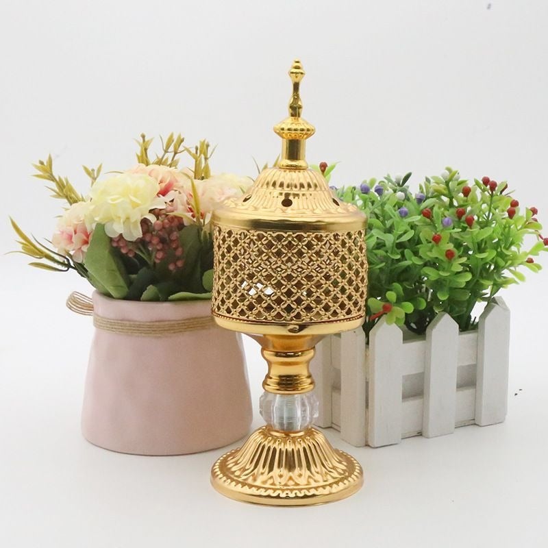 Golden hollow metal incense burner, crystal base Ude incense burner, dining table decorative gifts, three styles to choose from