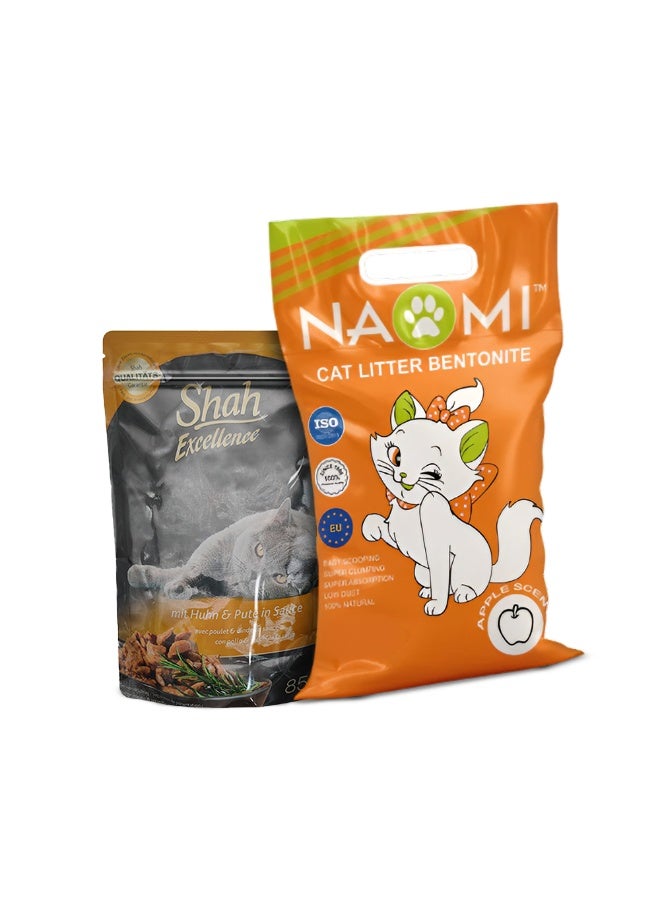 شاه طعام القطط شاه في صوص 85 جم + رمل القطط ناومي برائحة التفاح 10 لتر – باقة مميزة - Image 1
