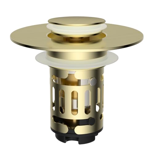 Hibbent Upgraded 3 in 1 Bathroom Sink Drain Strainer Universal Pop Up Stopper with Removable Stainless Steel Filter Basket Hair Catcher Sink Plug for 11236 Basin Brass Core Brushed Gold - Image 1