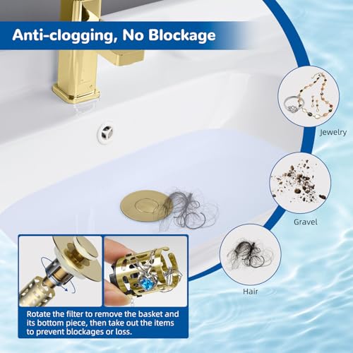 Hibbent Upgraded 3 in 1 Bathroom Sink Drain Strainer Universal Pop Up Stopper with Removable Stainless Steel Filter Basket Hair Catcher Sink Plug for 11236 Basin Brass Core Brushed Gold - Image 3