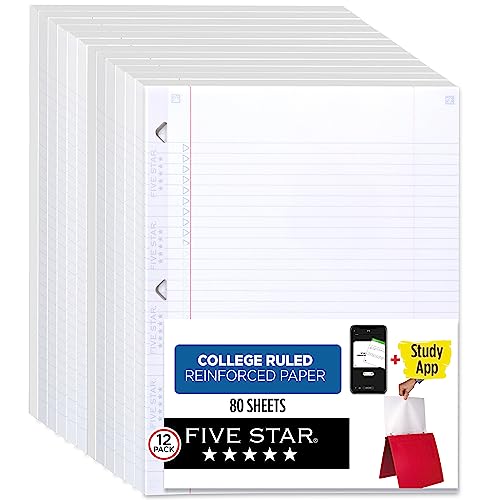 Five Star Loose Leaf Paper Plus Study App, 12 Pack, Notebook Paper, College Ruled Filler Paper, Reinforced, 8.5 x 11, 80 Sheets per Pack (170026-ECM) - Image 1