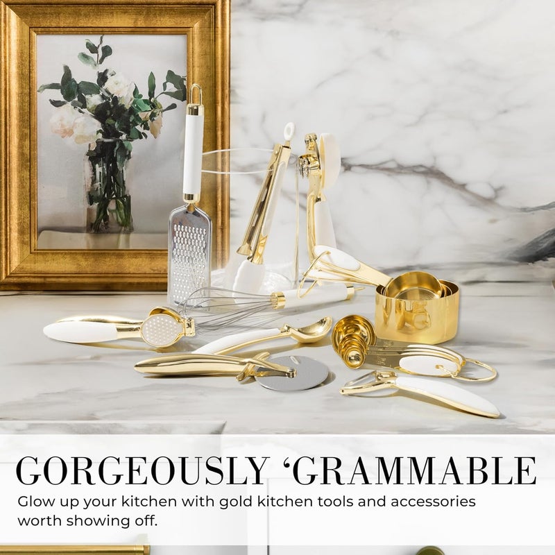 styled settings White and Gold Kitchen Utensils Set – 16-Piece Silicone Cooking Utensils with Measuring Cups and Spoons - Image 3
