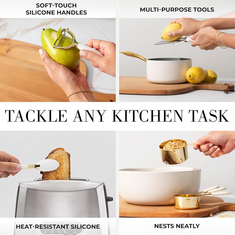 styled settings White and Gold Kitchen Utensils Set – 16-Piece Silicone Cooking Utensils with Measuring Cups and Spoons - Image 4