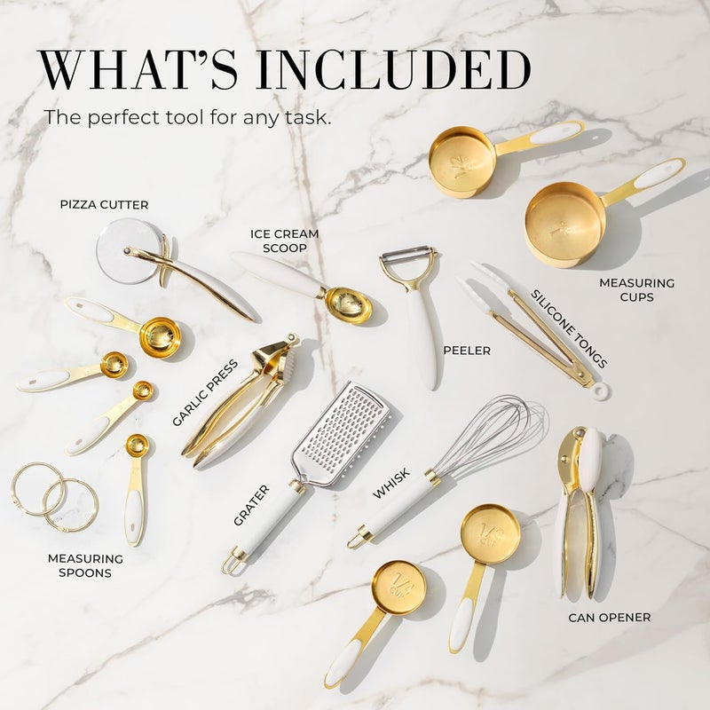 styled settings White and Gold Kitchen Utensils Set – 16-Piece Silicone Cooking Utensils with Measuring Cups and Spoons - Image 2