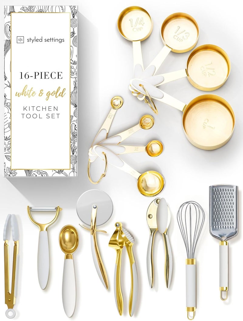 styled settings White and Gold Kitchen Utensils Set – 16-Piece Silicone Cooking Utensils with Measuring Cups and Spoons - Image 1