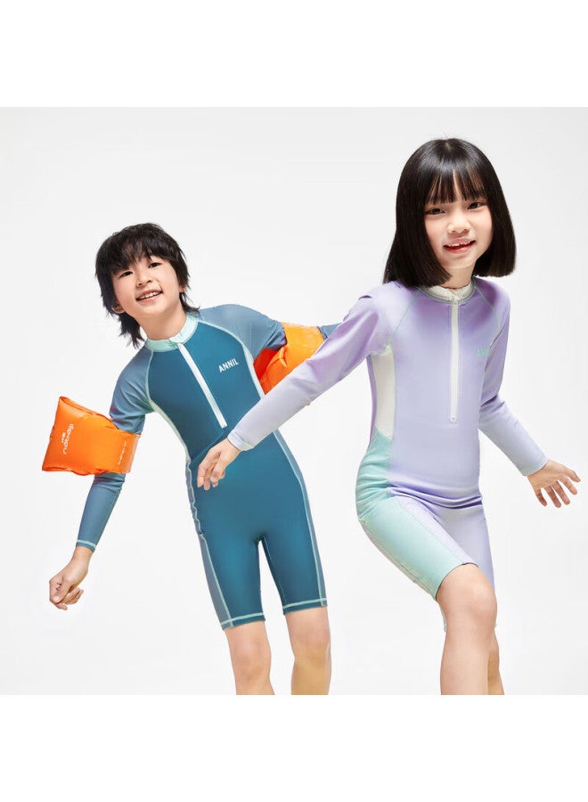 Annil Anner Children's Long Sleeve One-piece Swimsuit Set For Boys And Girls, Summer Sunscreen Elastic Splicing Fashion - Image 2
