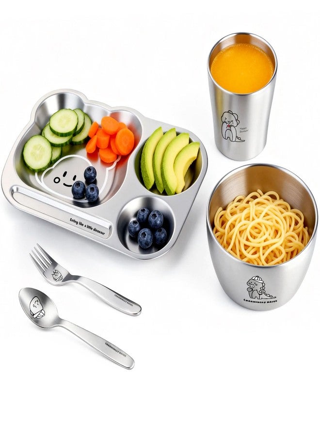 Greentainer Stainless Steel Kids Dinnerware Set, Unbreakable 304 Steel Toddler Plate with 3 Compartments, Baby Led Weaning Bowl, Cup, Fork & Spoon, Dishwasher Safe, BPA Free, Drop Proof for Boy & Girl - Image 2
