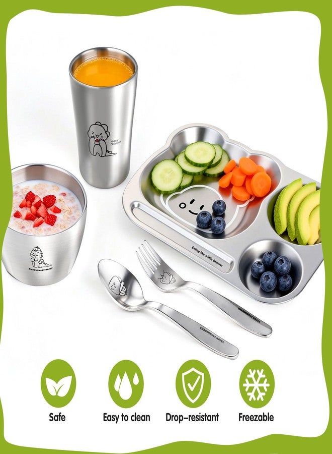Greentainer Stainless Steel Kids Dinnerware Set, Unbreakable 304 Steel Toddler Plate with 3 Compartments, Baby Led Weaning Bowl, Cup, Fork & Spoon, Dishwasher Safe, BPA Free, Drop Proof for Boy & Girl - Image 4