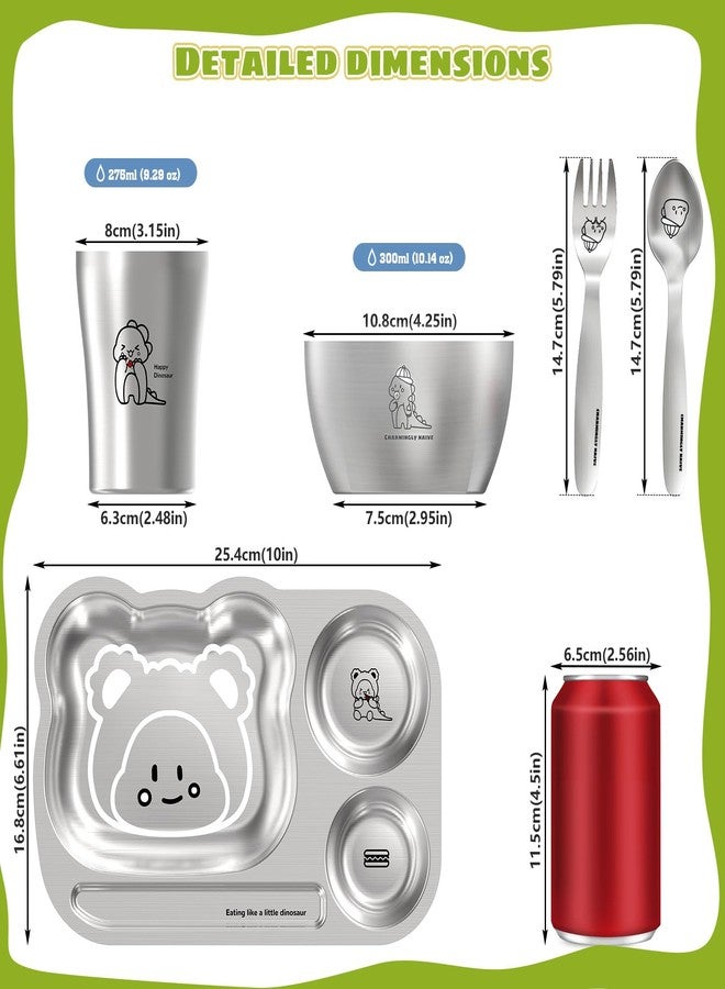 Greentainer Stainless Steel Kids Dinnerware Set, Unbreakable 304 Steel Toddler Plate with 3 Compartments, Baby Led Weaning Bowl, Cup, Fork & Spoon, Dishwasher Safe, BPA Free, Drop Proof for Boy & Girl - Image 3