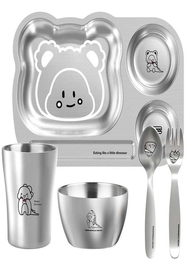 Greentainer Stainless Steel Kids Dinnerware Set, Unbreakable 304 Steel Toddler Plate with 3 Compartments, Baby Led Weaning Bowl, Cup, Fork & Spoon, Dishwasher Safe, BPA Free, Drop Proof for Boy & Girl - Image 1