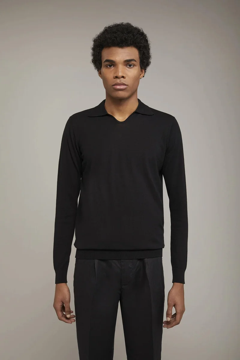 دوبل غانغر Men's knitted polo V collar 100% cotton long-sleeved regular fit - Black