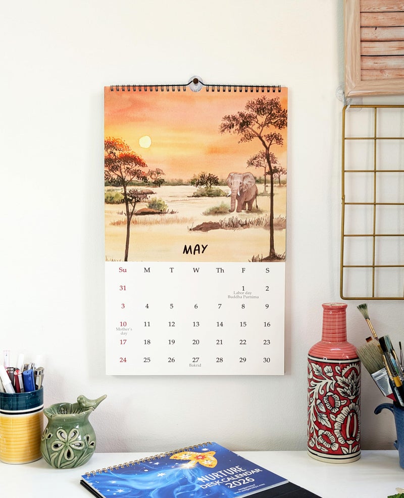 Anujarusiya Calendar 2026-2027 Wall Hanging | 11”X 17.5”| Wilderness Nature Watercolors Paintings Printed on 300 GSM Paper | Notes, Scheduling and Planning | Office and Home - Image 3