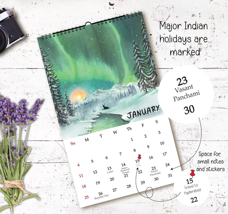 Anujarusiya Calendar 2026-2027 Wall Hanging | 11”X 17.5”| Wilderness Nature Watercolors Paintings Printed on 300 GSM Paper | Notes, Scheduling and Planning | Office and Home - Image 5
