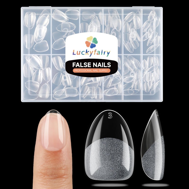 Luckyfairy Extra Short Almond Nail Tips, 240pcs Soft Gel Pre-Shaped Acrylic Fake Nails, Half Matte Full Cover Clear Gelly Press on Flase Nail Tips for Extension Nail Manicure Home DIY 12 Sizes - Image 1