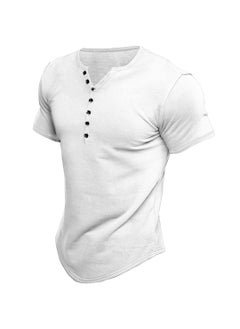 Generic Summer New Henley Shirt Mens Solid Color Tee Grey  - Image 5