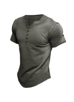 Generic Summer New Henley Shirt Mens Solid Color Tee Grey  - Image 1