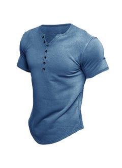 Generic Summer New Henley Shirt Mens Solid Color Tee Grey  - Image 3