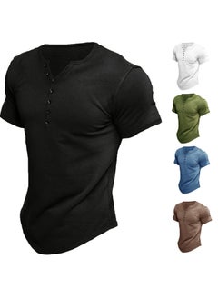 Generic Summer New Henley Shirt Mens Solid Color Tee Grey  - Image 4