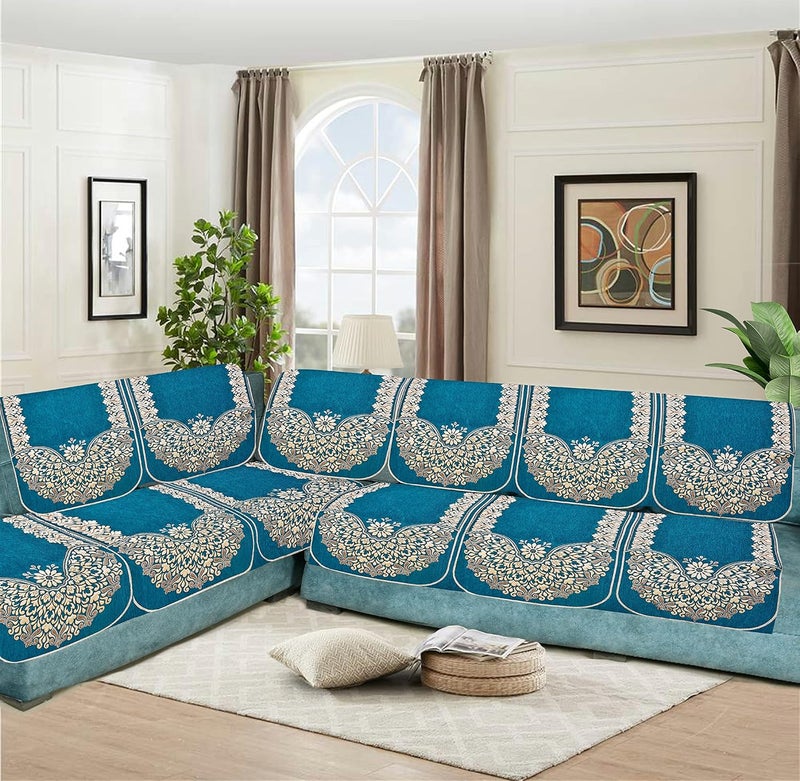 SAWNA HOMES Velvet L Shape 6 Seater Sofa Cover Set 321 Seater Sofa Cover for Living Room Drawing Room and Hall Sofa Seat Protector Slip and Back Covers 5 Pieces Sky Blue - Image 1