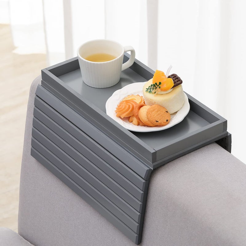 GEHE Sofa Tray Bamboo Sofa Arm Table Couch Tray Wooden Sofa Armrest Side Table Armchair Table for Snacks Phone Control Cups Flexible  Foldable Grey