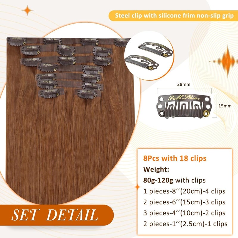 Full Shine Clip in Hair Extensions Copper Brown Human Hair 18 Inch Clip in Real Hair PU Weft Copper Red Human Hair Clip ins Extensions Auburn Brown Natural Ends 120 Grams 8 PCS - Image 3