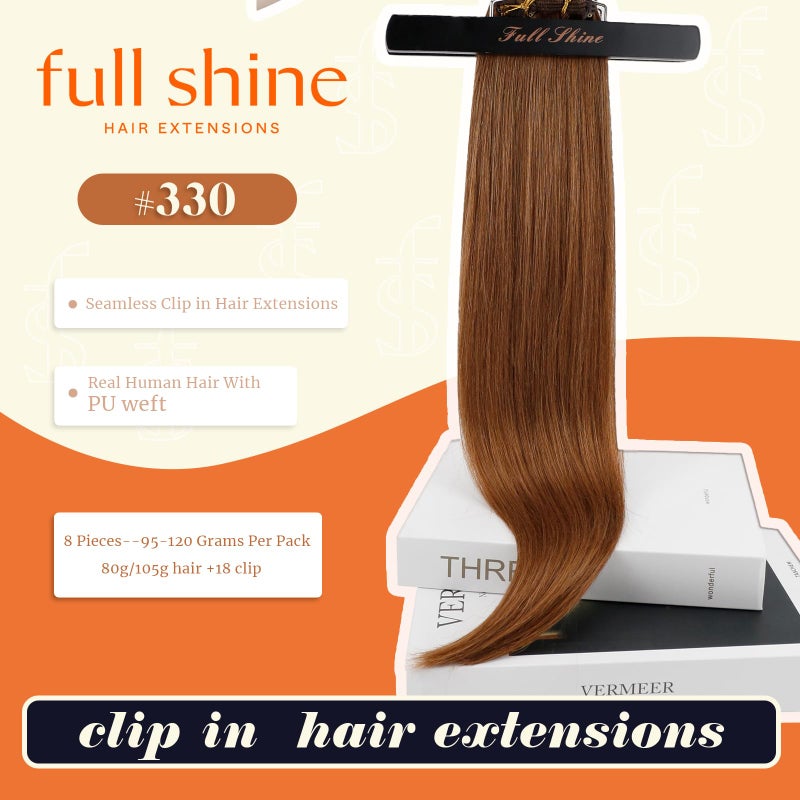 Full Shine Clip in Hair Extensions Copper Brown Human Hair 18 Inch Clip in Real Hair PU Weft Copper Red Human Hair Clip ins Extensions Auburn Brown Natural Ends 120 Grams 8 PCS - Image 2