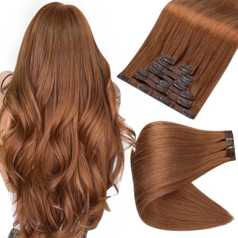 Full Shine Clip in Hair Extensions Copper Brown Human Hair 18 Inch Clip in Real Hair PU Weft Copper Red Human Hair Clip ins Extensions Auburn Brown Natural Ends 120 Grams 8 PCS - Image 1