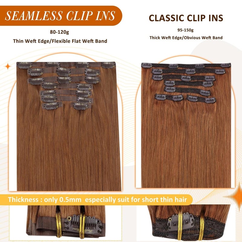 Full Shine Clip in Hair Extensions Copper Brown Human Hair 18 Inch Clip in Real Hair PU Weft Copper Red Human Hair Clip ins Extensions Auburn Brown Natural Ends 120 Grams 8 PCS - Image 4