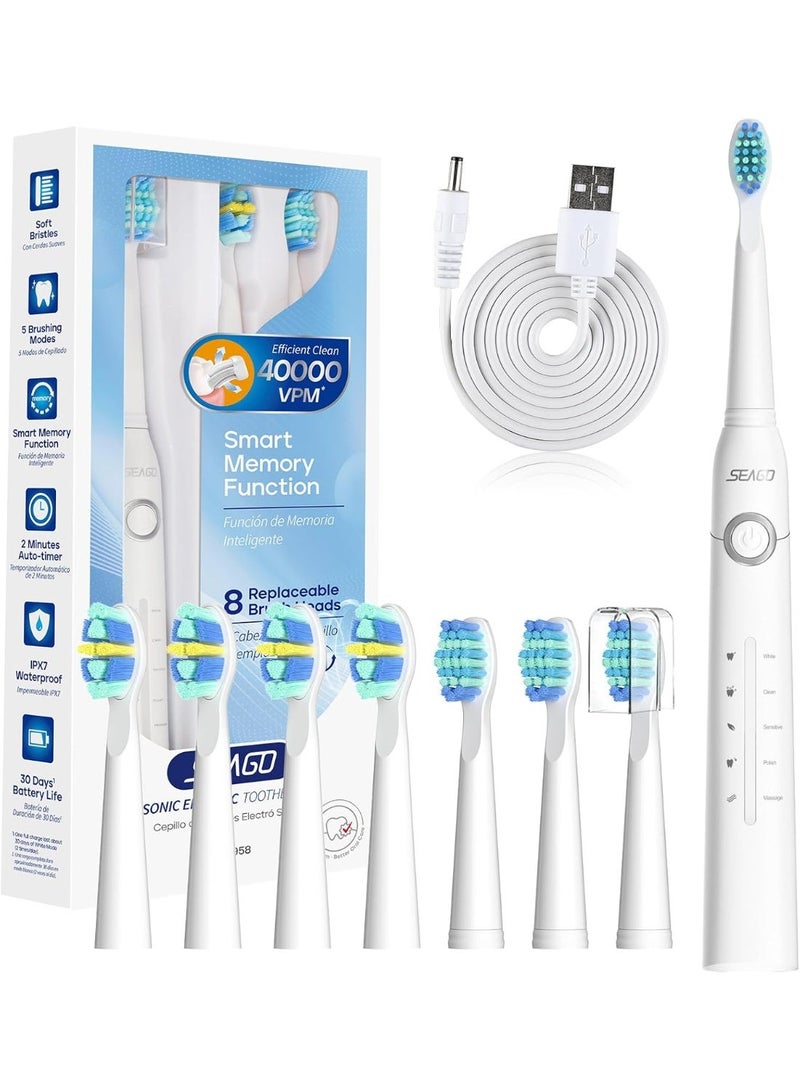 Seago Electric Toothbrush for Adults, with 8 Heads and 5 Modes, Rechargeable Sonic Tooth Brush One Charge for 30 Days, with 2 Mins Timer,SG958(White) - Image 1