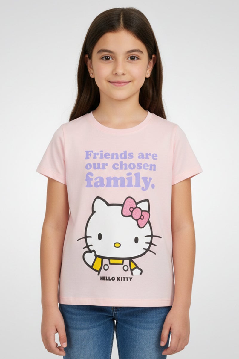 Hello Kitty Kids Girl Crew Neck Short Sleeve Graphic Print T-Shirt, Pink - Image 1