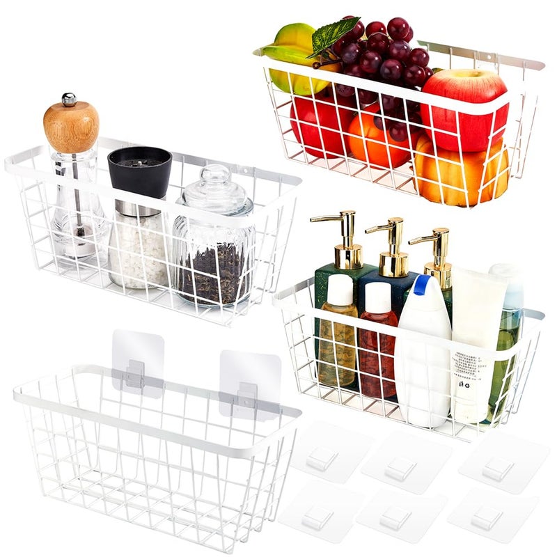 LeleCAT White Hanging Kitchen Baskets For Storage Adhesive Sturdy Small Wire Storage Baskets No Drilling Wall Mounted Kitchen Food Pantry Bathroom Shelf Storage  4 PACK White - Image 1